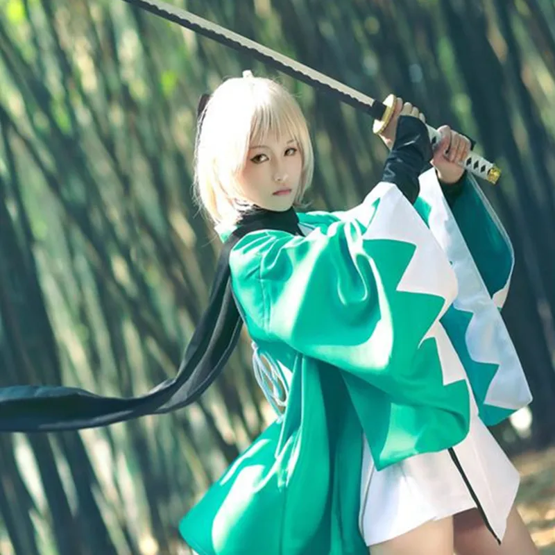 Женское кимоно для косплея Okita Souji Cos зеленое аниме Fate/Grand Order Сакура саблей