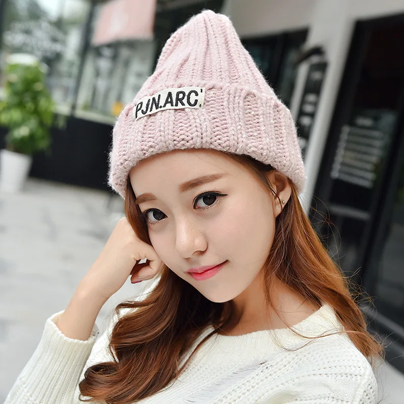 

New 2016 Winter Women Knitted Hats Thickening Woolen Hat Warm Skullies Beauty Ladies Beanies Bonnet Female Cap Letther Design