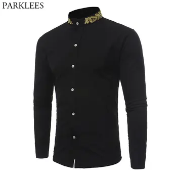 

Mens Gold Embroidery Dress Shirts 2018 Brand Stand Collar Men Slim Fit Shirt Casual Long Sleeve Male Social Shirt Chemise Homme