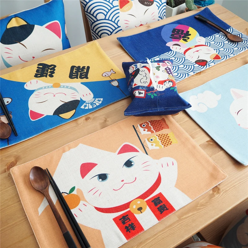 Cute Colorful Lucky Cat Placemat Bar Mat Baby Kids Cotton Linen Plate Mat Table Mat Home Kitchen Pads Coffee Coasters 47x27cm