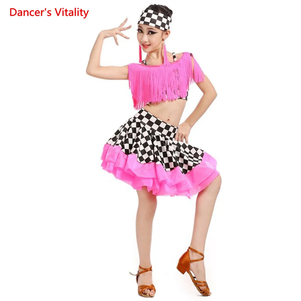 Новый взрослый ребенок Костюмы для латиноамериканских танцев Танцевальный костюм спандекс кисточкой топ + юбка 2 шт. латинские танцы набор