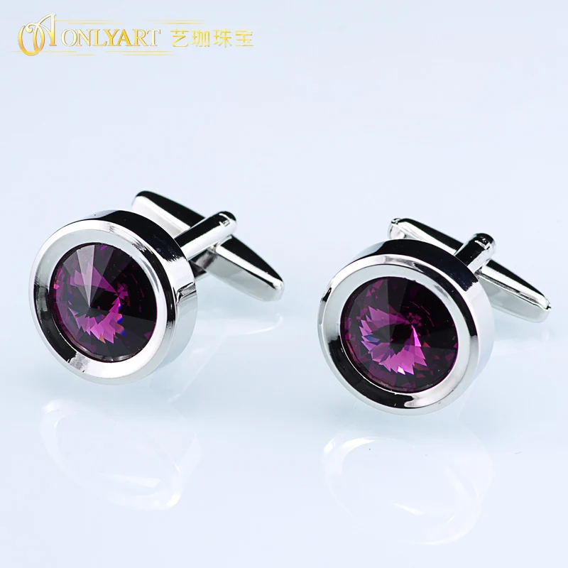 OnlyArt Dark Purple Crystal Cufflink Men's Round Cufflinks Silver Color Fashion Button For Shirts