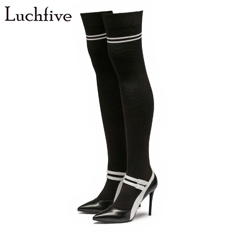 

Sexy stretch fabric long boots thin high heels buckle belts over the knee boots for women pointed toe black slip on botas mujer
