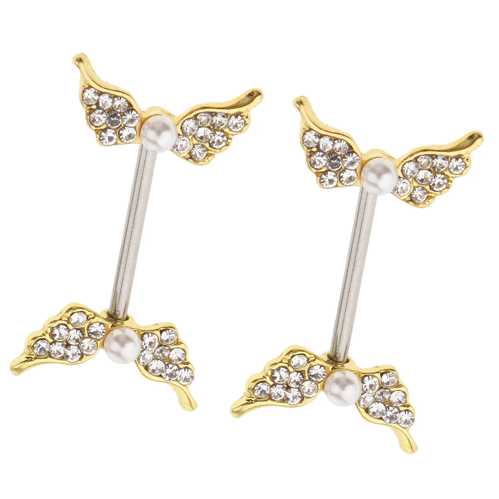 1 Pair Crystal Pearl Beads Angel Wing Shield Barbell Nipple Ring Stainless Steel Body Piercing 14 Gauge