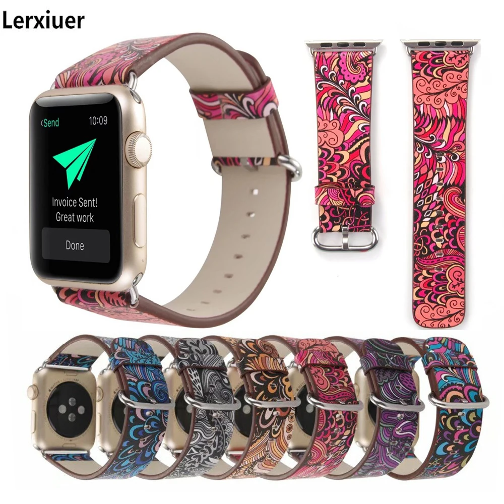 

Leather Strap For apple watch band apple watch 4 3 2 1 band 44mm 40mm iwatch band 42mm 38mm flower print Bracelet accessories