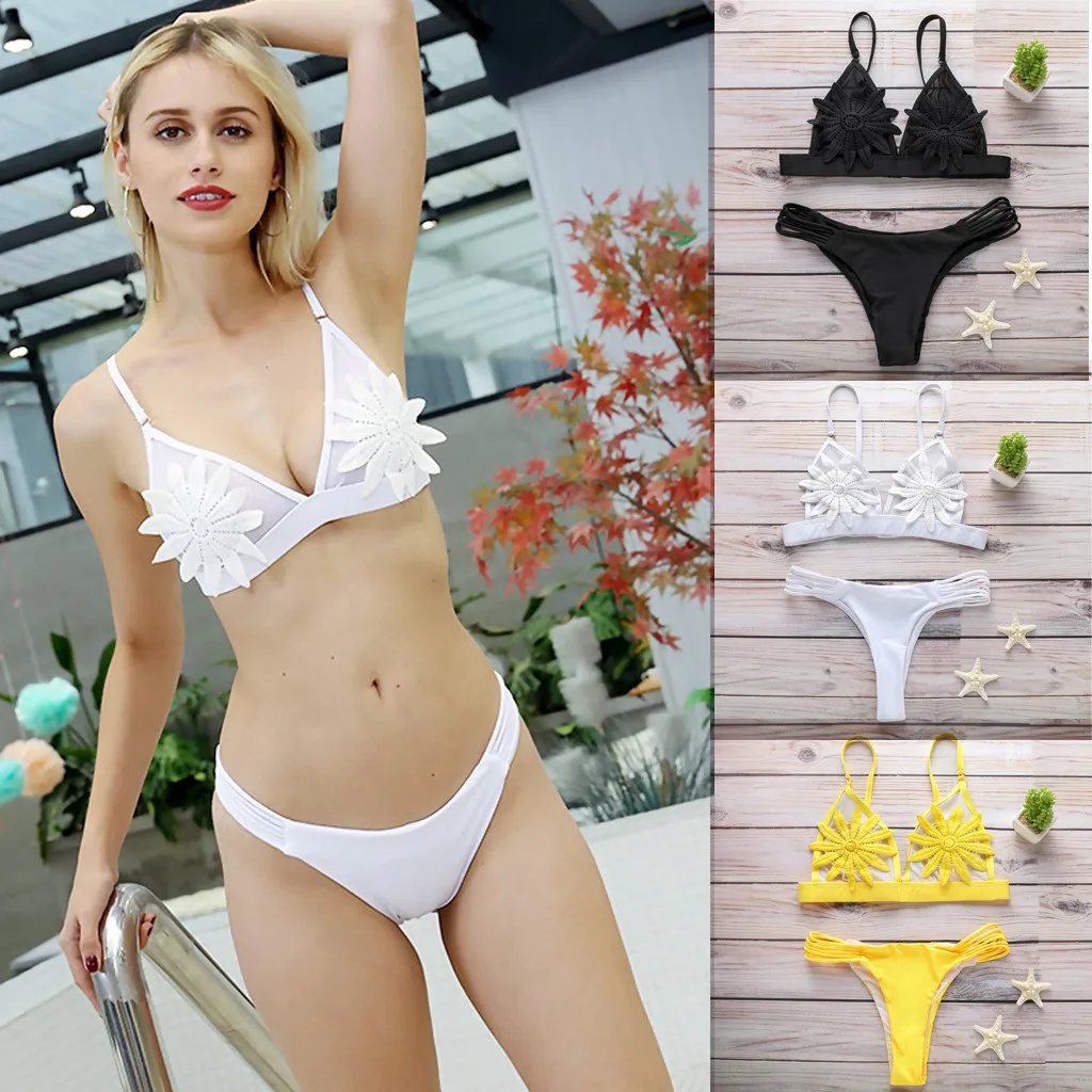 

bikinis 2019 woman Women Summer Sexy Flower Solid Swimwear Beachwear Swimsuit Bikini Set biquini biquine bathing suit for sports