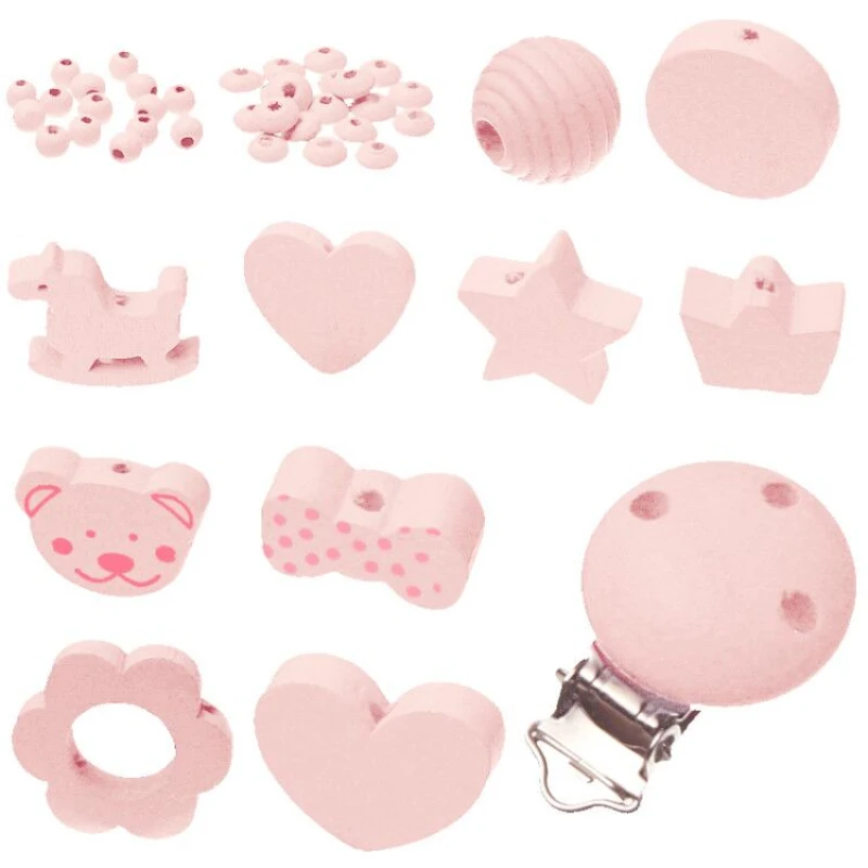 

Various Styles Pink 35pcs/Set Wooden Jewelry Spacer Beading Beads DIY Pacifier Clip Handmade Necklace Bracelet Wood Beads