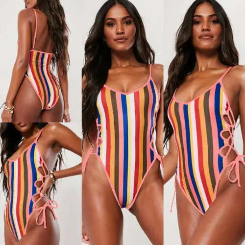 

Sexy woman summer beach striped jumpsuit Bandage Push-Up Padded Swimwear Swimsuit