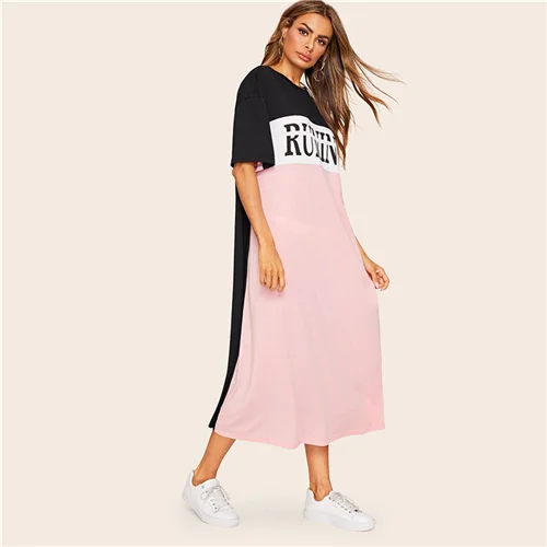 SweatyRocks, цветное Платье-туника с буквенным принтом для женщин,, летнее уличное платье с коротким рукавом, свободное повседневное длинное платье - Цвет: Многоцветный