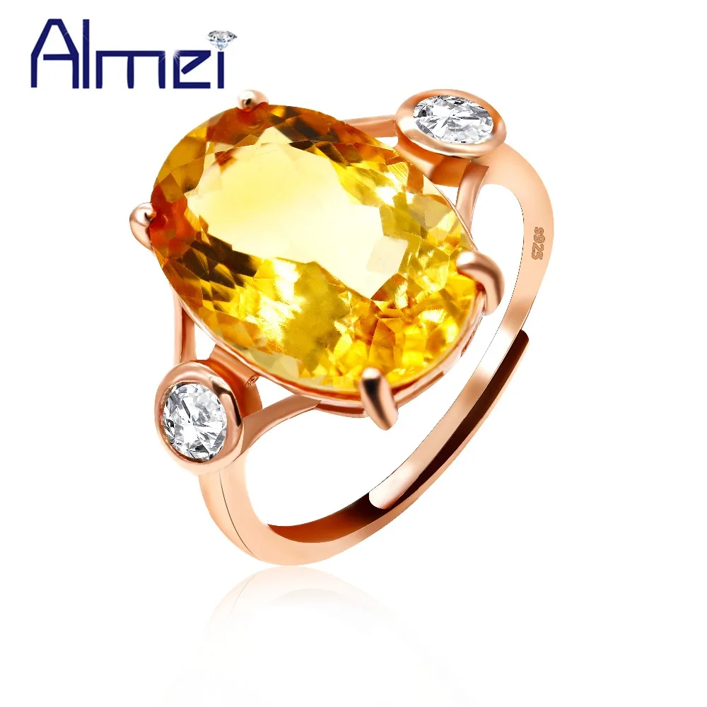 

Almei 925 Sterling Silver Rings for Women Yellow Citrine Ring Female Rose Gold Color Oval Wedding Jewellery 14*10mm Gifts CJ051