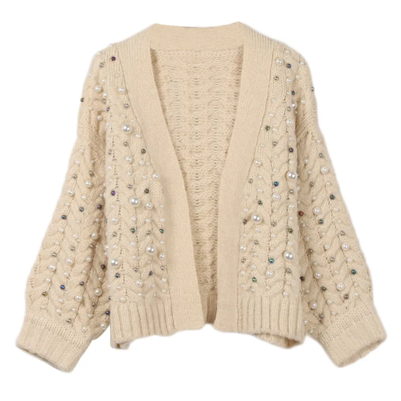 2018 Wool Knit Cardigan Coat Women Sweater V neck Pearl Beaded Women