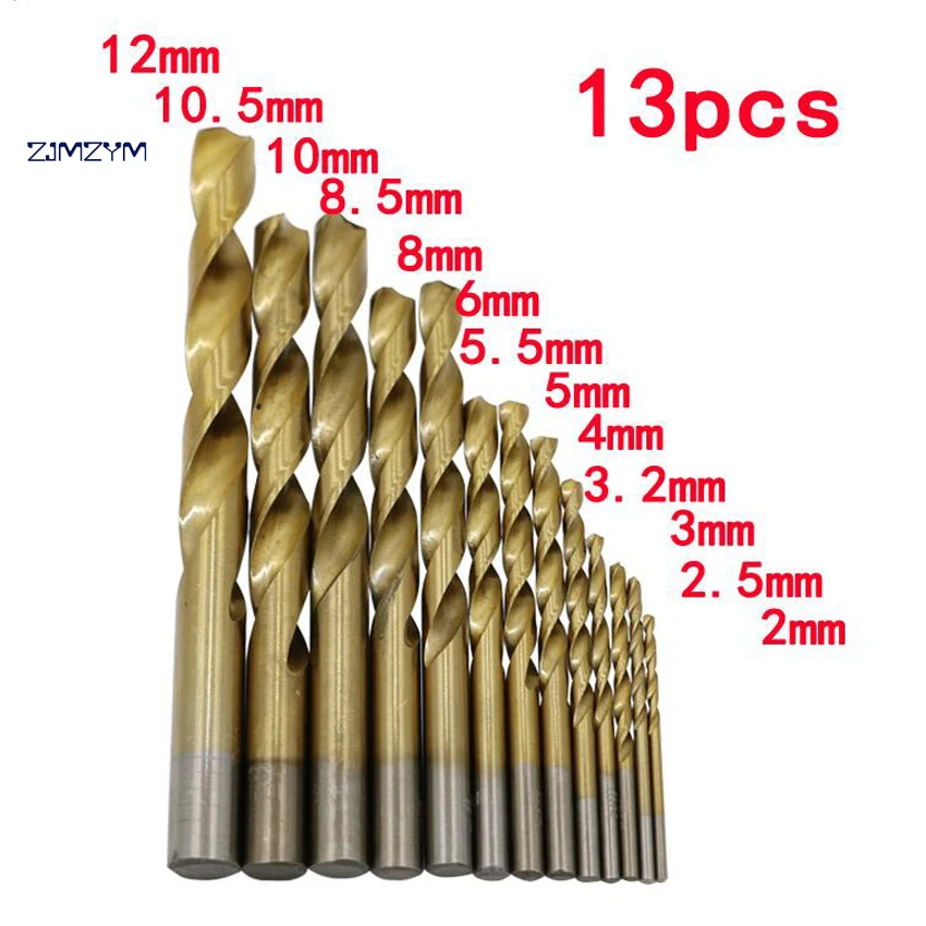

13PCS HSS Titanium Coated Twist Drill Bits 2.0-12MM Wood Metal Tool Mini Drill Bit Set Hand Tools for Woodworking Accessories
