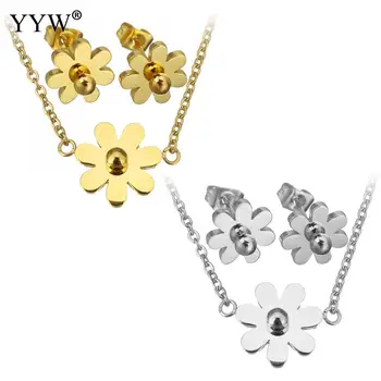 

Wholesale 5Sets/Lot Choker Necklace Jewelry Sets Silver / Gold Color Flower Stud Earrings For Women Wedding Gift Free Shipping