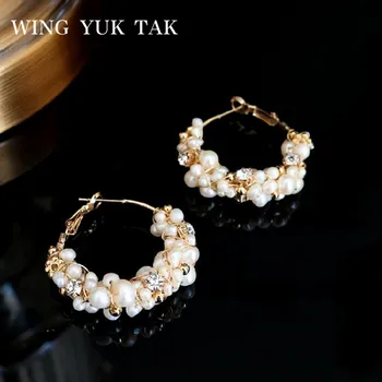 

wing yuk tak Bohemian Handwork Weave Earrings For Women Irregular White Freshwater Pearls Hoop Earrings Wedding Party Jewelry