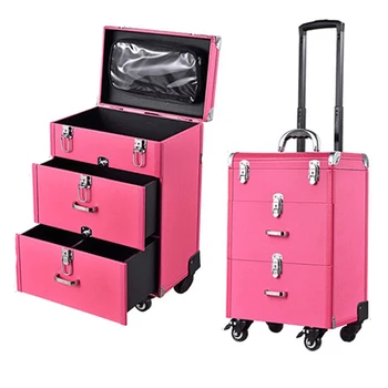 

Woman Trolley Cosmetic case Nails Makeup Toolbox,Multi-layer Trolley Case ,PVC Beauty Box Travel Rolling Luggage Suitcase wheel