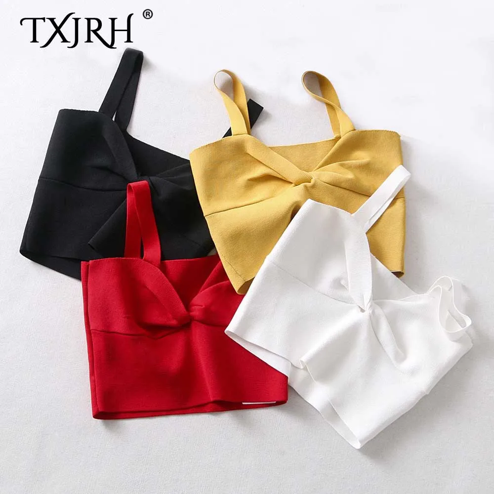 

TXJRH Fashion Deep V-Neck Hollow Out Tight Slim Sexy Women Backless Crop Tops Short Tank Knitted Vest Halter Straps 4 Color