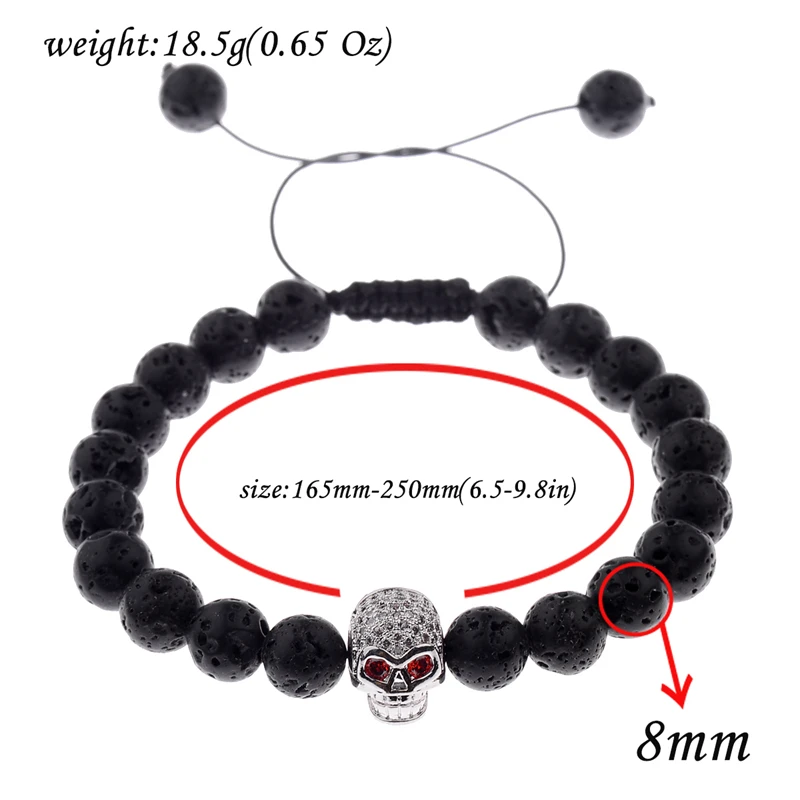 DOUVEI New White CZ Skeleton Black Natural Lava Stone Beads Bracelet 3 Colors Men Rope Chain Bracelet Homme For Women ABL001