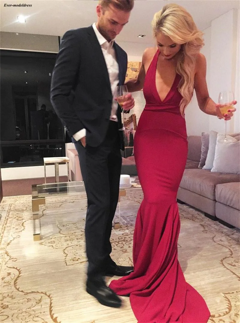 

Sexy Dark Red Mermaid Arabic Prom Dresses Deep V-Neck Backless Bodice Formal Party Gowns 2019 Simple Cheap vestidos de cerimonia