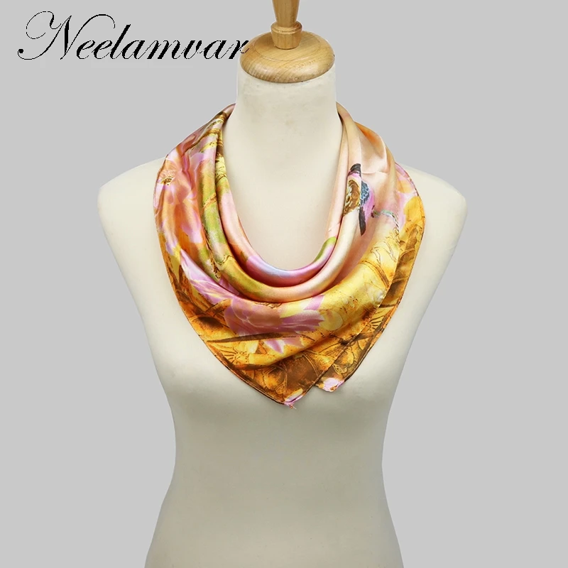 

women High-quality Silk Square Scarf Lotus flower Scarves Bandanas Head Wrap Shawl Satin Stewardess Accessories free shipping