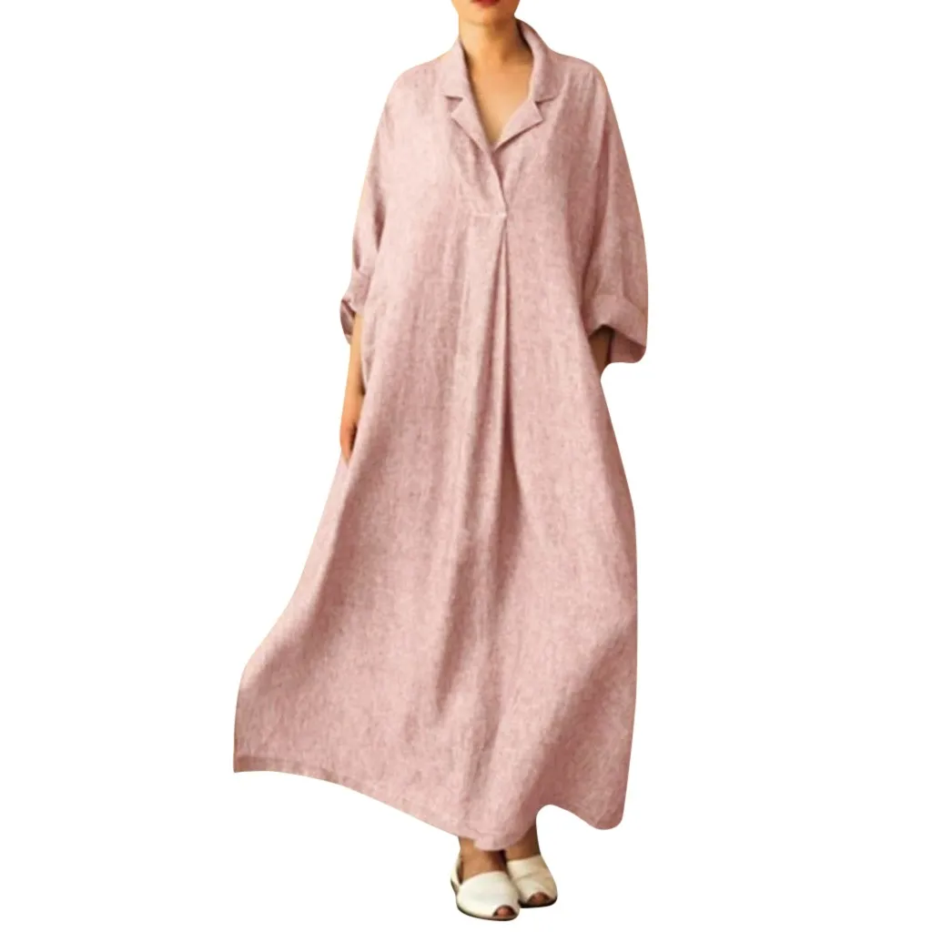 

2019 New Clothing Plus Size Ladies Long Sleeve Casual Linen Women Party Loose Maxi Dress V-Neck Sexy Dress Women Spring Women