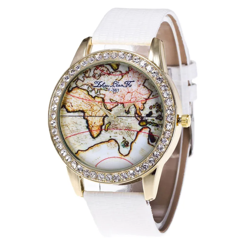 

Women Leather Strap World Map Printing Watch High Quality Rhinestone Temperament Dress Quartz Movement Casual Wristwatches #W