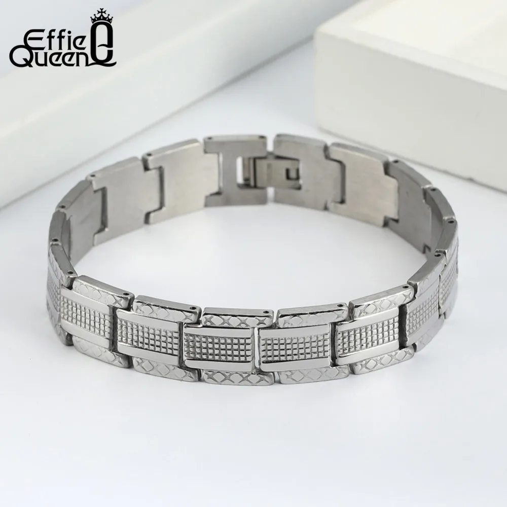 

Effie Queen Top Quality Stainless Steel Bracelet For Men 21cm Black Silver Color Pulseras Hombre 13mm Width Men Jewelry IB134