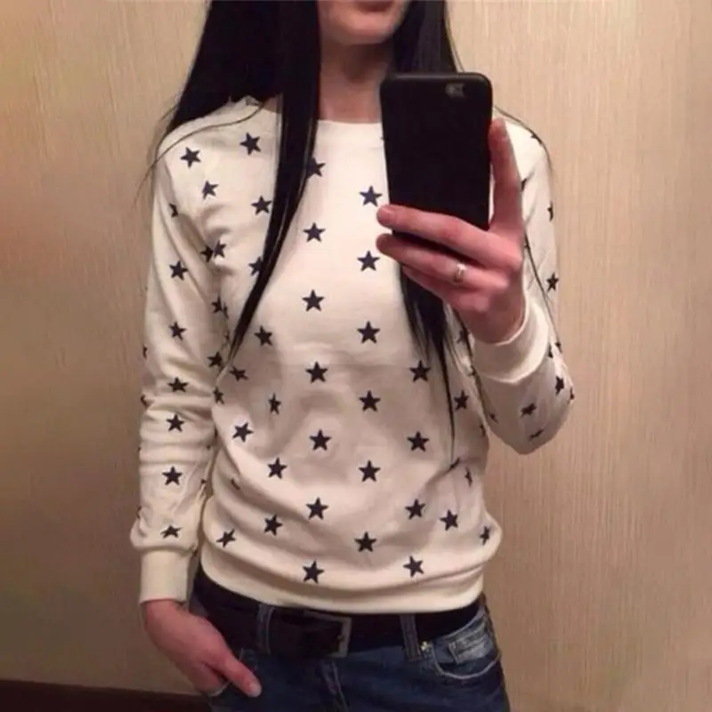 

Women Clothes t shirts Fashion Autumn Star Printed Casual Round Collar T-shirt Floral Pullover Basic Dots T Shirt Tops @