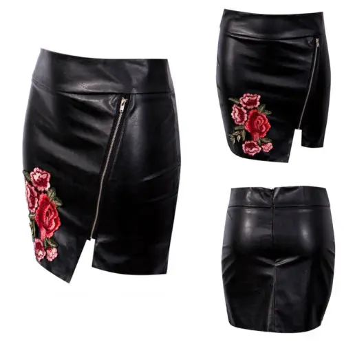 

New Women Black PU Leather Pencil Bodycon High Waist Mini Short Skirts Fashion Sexy Women PU Leather Floral Skirts