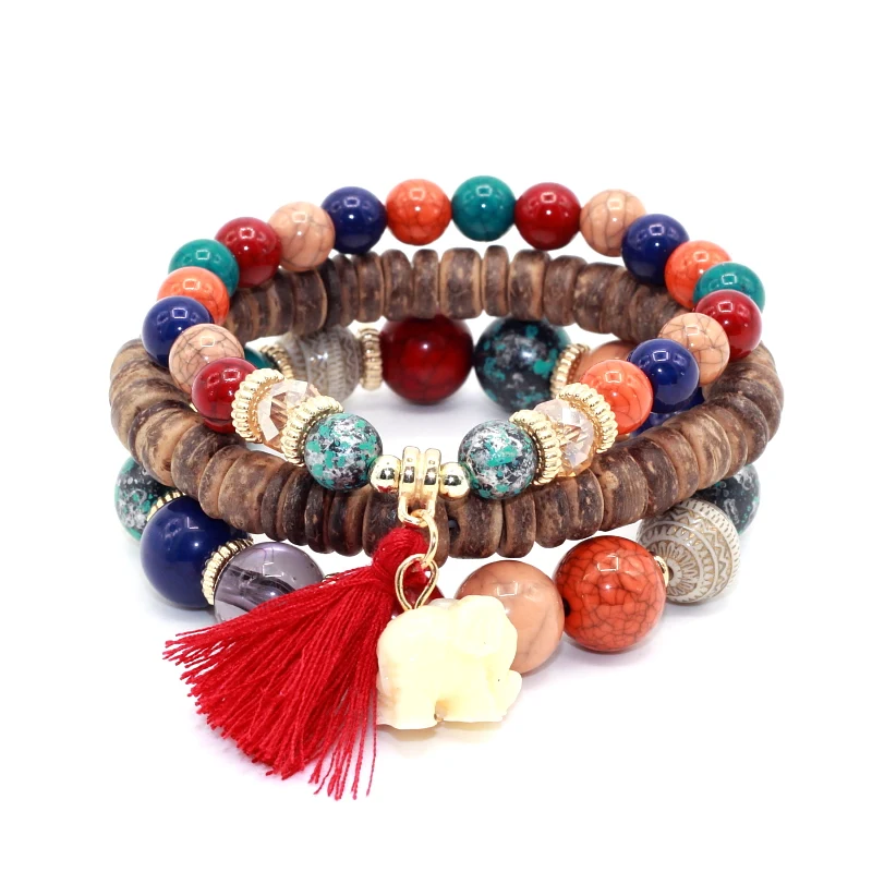 

3 Pcs/set Statement Bohemia Beaded Resin Charm Bracelets For Women Bar Tassel Elephant Friendship Yoga Bracelet Sets