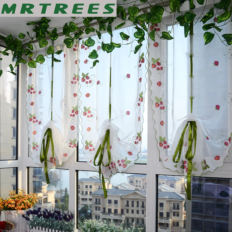 

Strawberry Sheer Embroidery Kitchen Curtain Flower Tulle Finished Quality Window Screens Curtain Panel for Kitchen Living Room