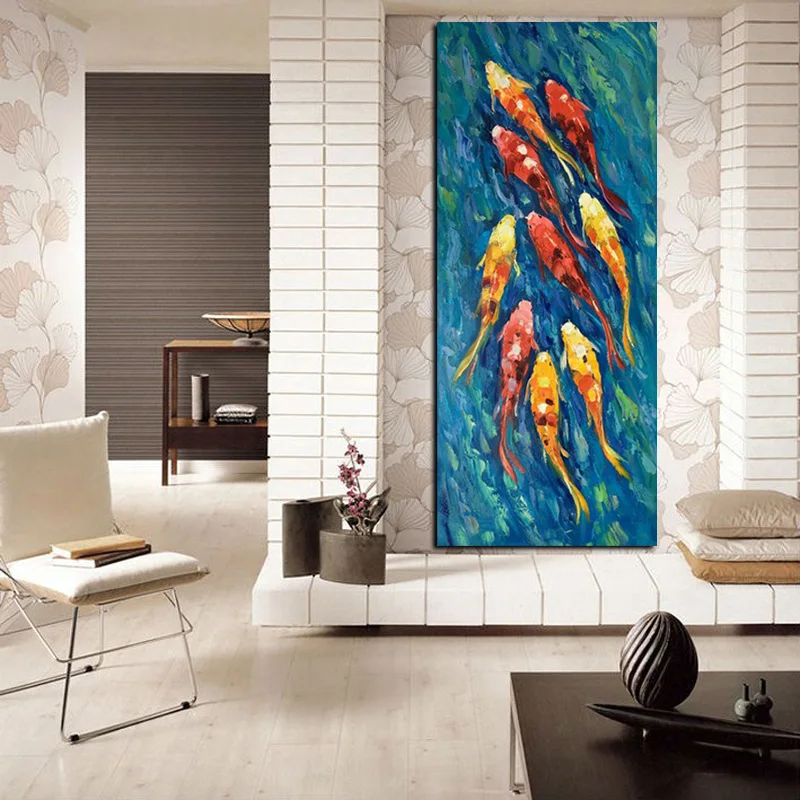 Принт китайский абстрактный девять кои Рыба Лотос картина маслом на холсте плакат фэн шуй стены искусства картина для гостиной современный декор