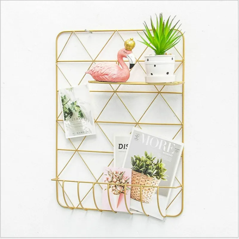 

Wall-mounted INS Gold Wrought Iron Grid Storage Rack Message Board Photo DIY Shelves for Wall Home Bedroom Decoration Organizer