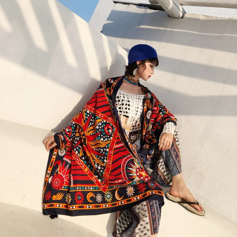 

women vintage red scarf mori girls autumn spring Mexico style hippie design long red print neck scarf muffler cape shawl