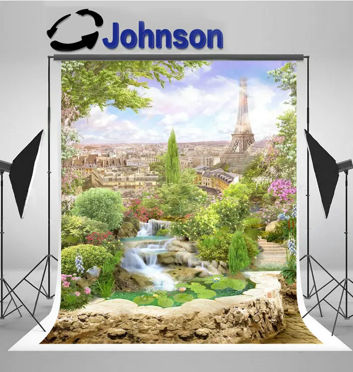 

Mural Waterfall Paris Flowers Eiffel Tower backgrounds High quality Computer print wedding backdrop