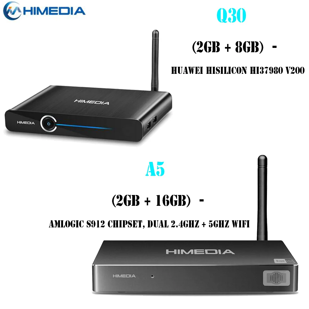 Himedia Q30 Hisilicon HI37980 V200 четырехъядерный 2G 8G Smart Android 7,1 tv Box& Himedia A5 2GB 16GB Медиаплеер H.265 телеприставка