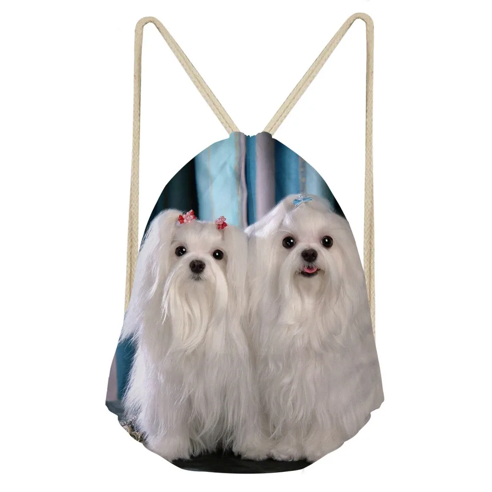 Kawaii 3D Animal Maltese Dog Print Women Drawstring Bags Multifunction Storage Bags for Teen Girls Travel