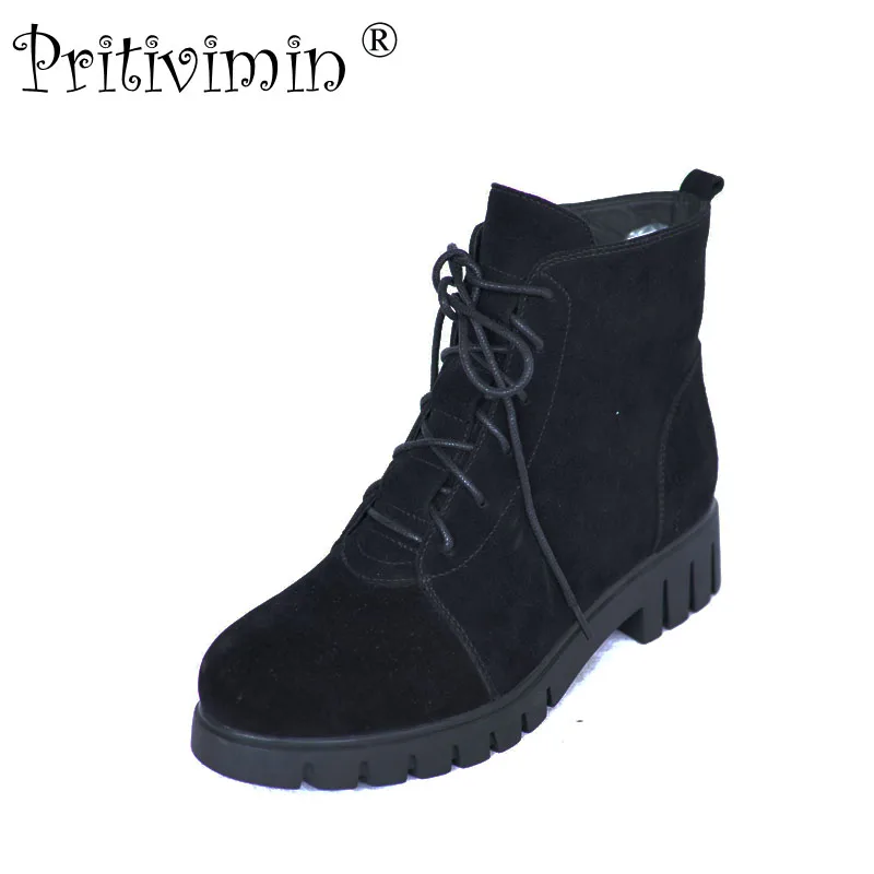 2018 New winter ladies warm real fur lined shoes woman black suede leather thick low heel lace up ankle boots Pritivimin FN50 2018 New winter ladies warm real fur lined shoes woman black suede leather thick low heel lace up ankle boots Pritivimin FN50