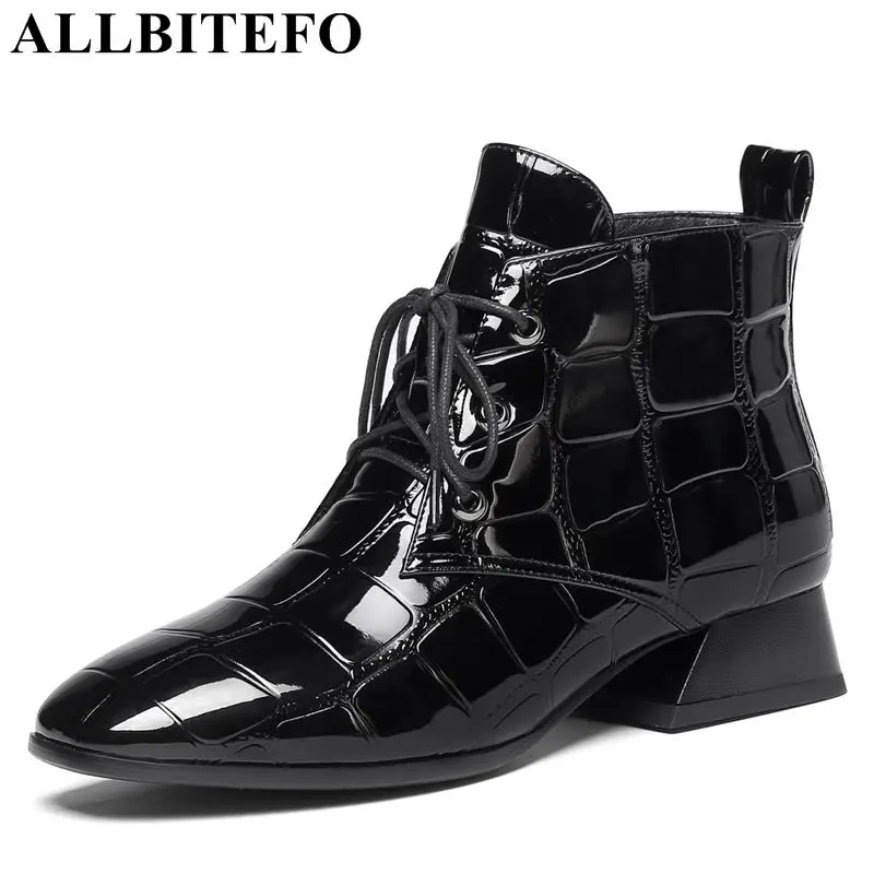 

ALLBITEFO fashion brand Stone texture square toe thick heel women boots high heels ankle boots women girls shoes size:34-42