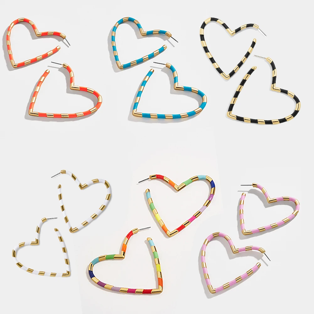 

New Trendy Love Hollow Big Heart Hoop Earrings for Women Enamel Multicolor Large Geometric Hanging Earrings Romantic Jewelry