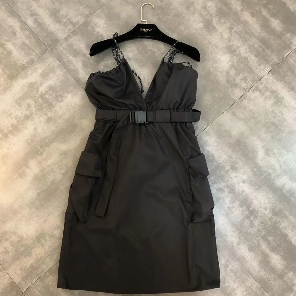 

2019 Summer New Neck Wearing V-neck Belt Waist Pocket Trend Strap Dress Female Dress