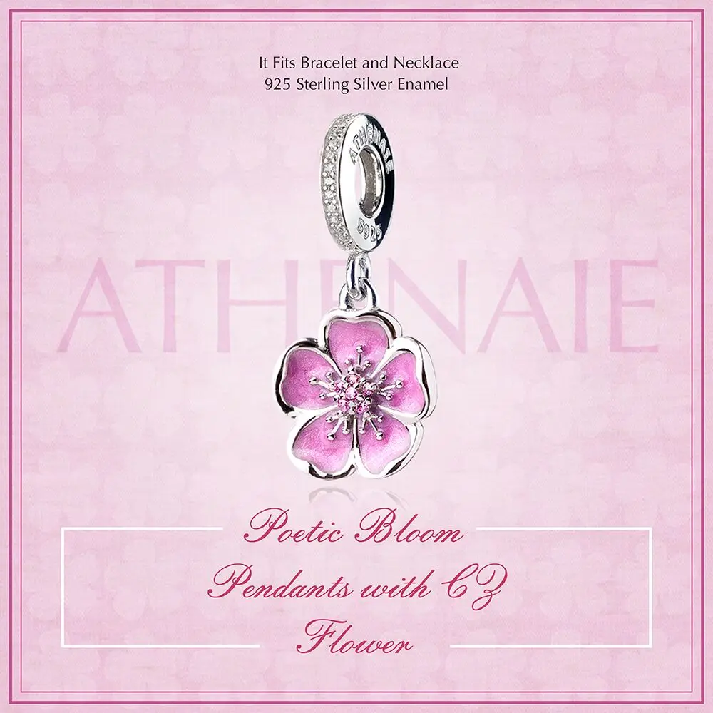 ATHENAIE 925 Sterling Silber Romantische Rosa Emaille Plum Blossom Anhänger mit CZ Birthstone Baumeln Charme Fit Europäischen Armbänder