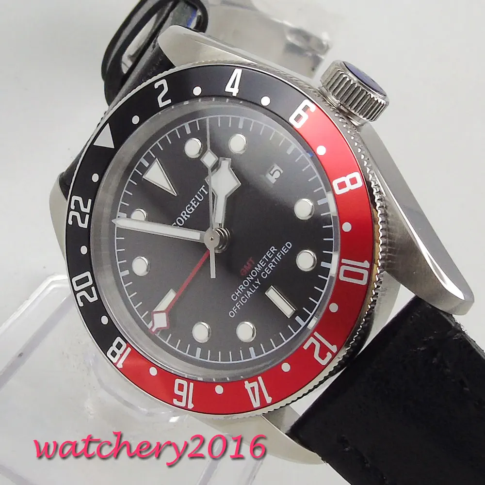 

41mm Corgeut Black Dial Black Red Rotating Beze Date GMT Luminous Luminous Steel Case Automatic Movement men's Watch