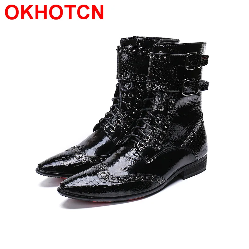 

2019 Gothic Mens Ankle Boots 100% Genuine Leather Snakeskin Rivet Motorcycle Boots Casual British Men Dress Shoes For Wedding