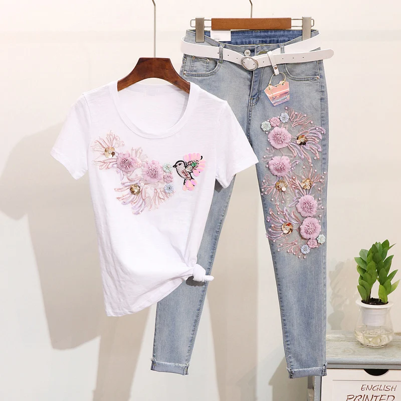 

Summer women new sequin embroidery flower bird cotton T-shirt + retro jeans 2-piece Ms elegant Short slee jeanspants casual sets