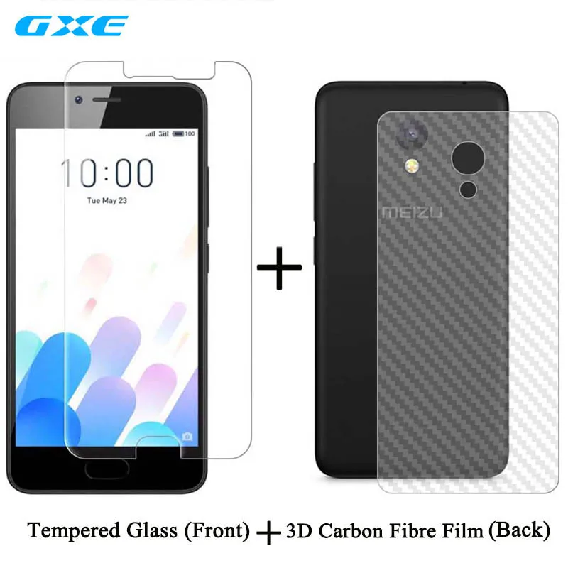GXE Original Front Tempered Glass For Meizu M5c A5 Charm Blue + 3D Rear Screen Protector Carbon Fiber Matte Back Film | Мобильные