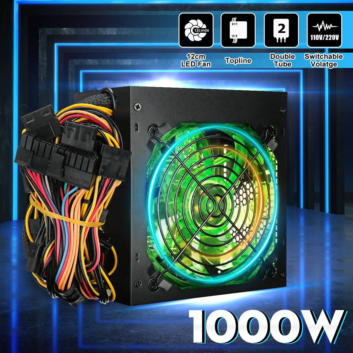 Черный 1000 Вт 110 ~ 220 В блок питания PSU PFC 12 см светодиодный бесшумный вентилятор ATX 24pin 12 в ПК компьютер SATA игровой блок для Intel AMD Рабочий стол - изображение