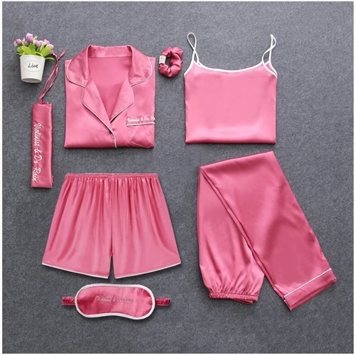 Пижама 2 и 7 штук, пижамный комплект, женские весенние летние сексуальные шелковые пижамы, Атласный пижамный костюм, Милая Ночная одежда, домашняя одежда - Цвет: Rose red