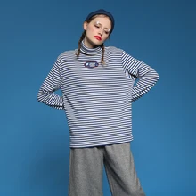 Дизайн Для женщин Весенняя футболка с высоким, плотно облегающим шею воротником, хлопковая рубашка в полоску с длинными рукавами с принтом свободная Осенняя футболка дерьмо Топ в стиле "преппи" Футболка