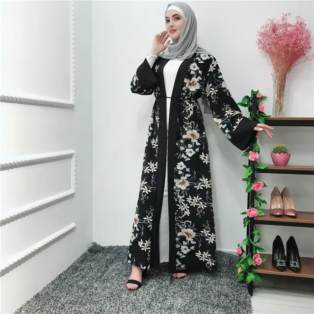 Long Muslim Cardigan Women Kimono Femme Turkey Islamic Clothing Floral Print Abaya Summer Kaftan Dress Robe Dubai Arab Outwear