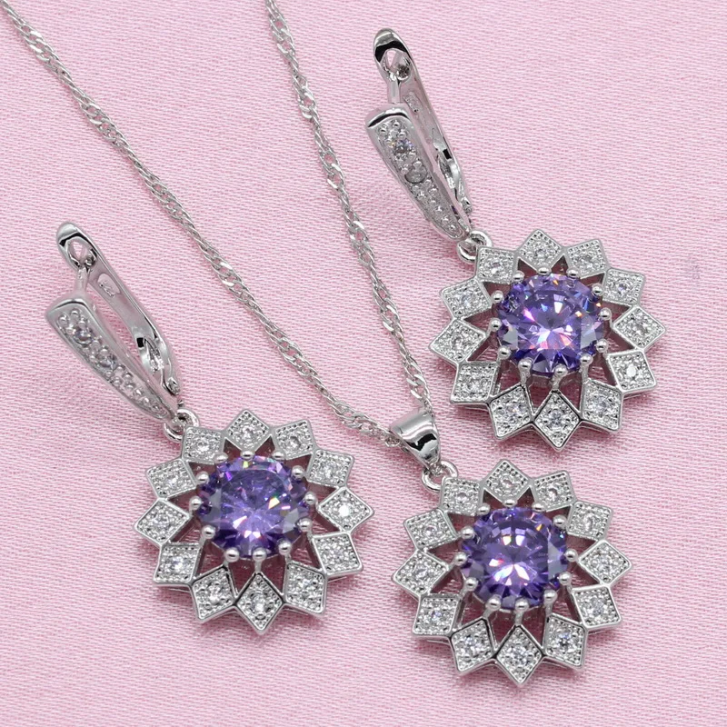 Благородные фиолетовые кубические циркония 925 серебряные ювелирные наборы для женщин в форме цветка серьги кулон ожерелье кольцо браслет